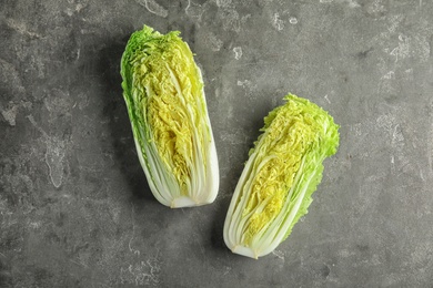 Photo of Fresh sliced cabbage on table, top view