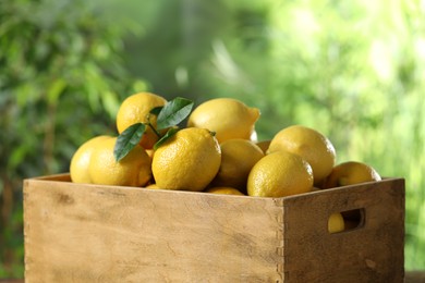 Fresh lemons in wooden crate against blurred background, closeup. Space for text