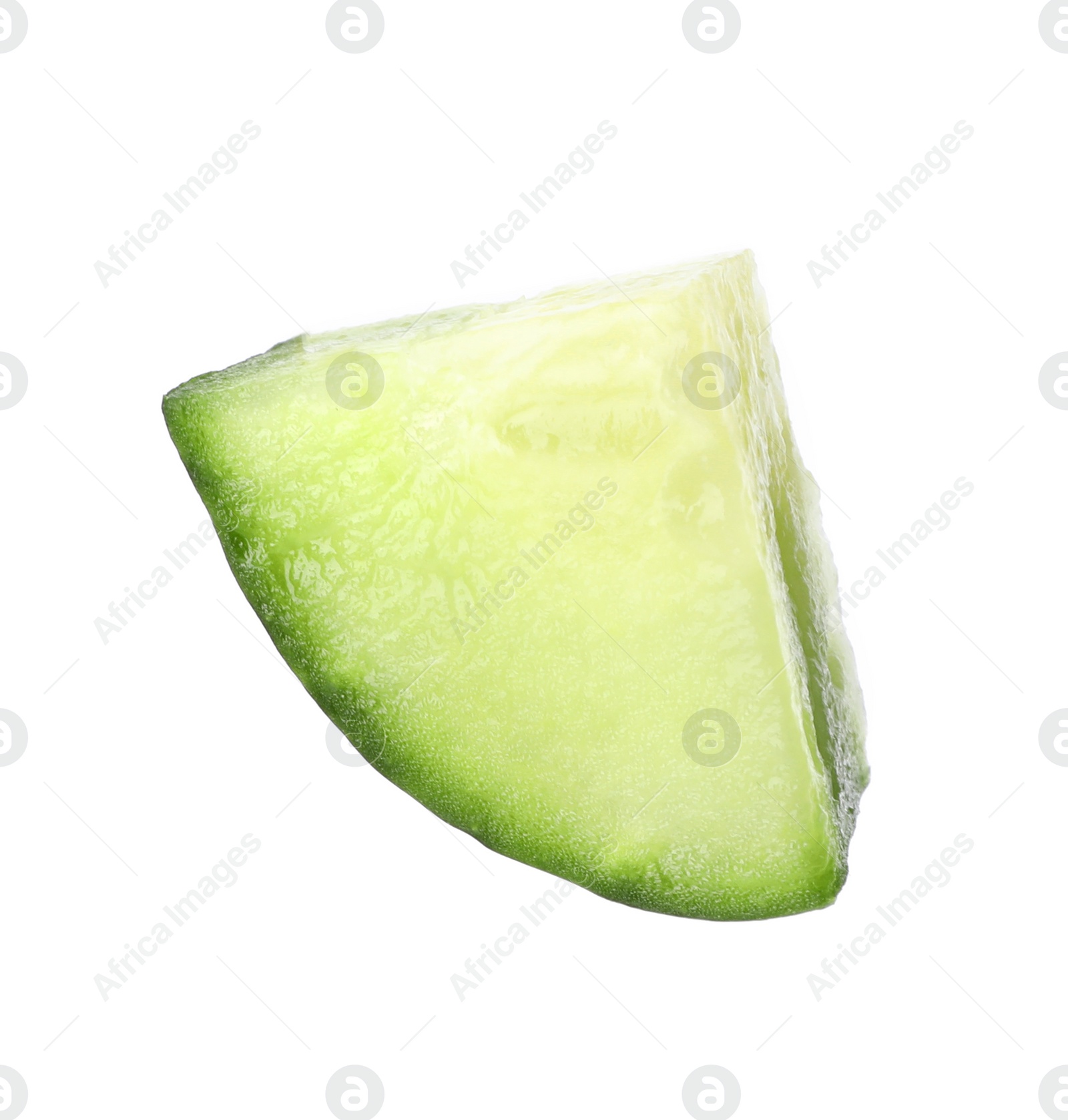 Photo of Cut fresh green cucumber on white background