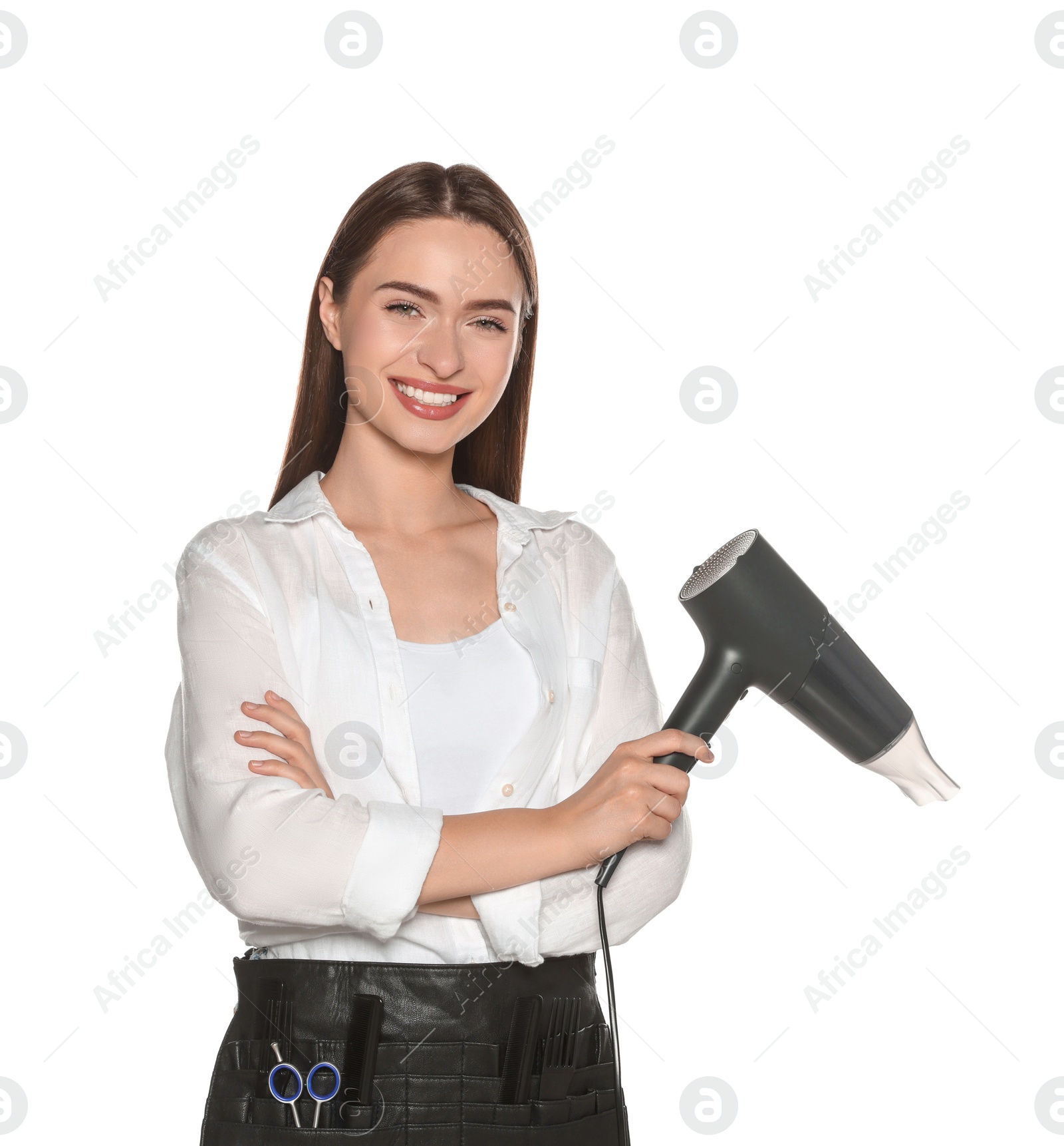 Photo of Portrait of happy hairdresser with hairdryer on white background