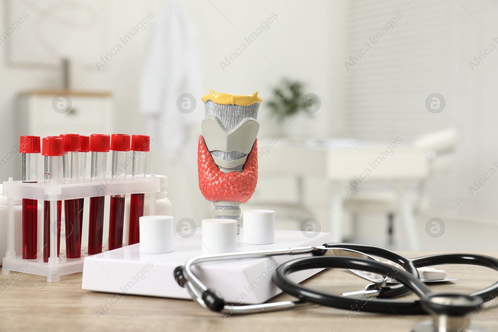 Photo of Endocrinology. Stethoscope, model of thyroid gland and blood samples in test tubes on table indoors