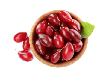 Fresh ripe dogwood berries with green leaf in wooden bowl on white background, top view