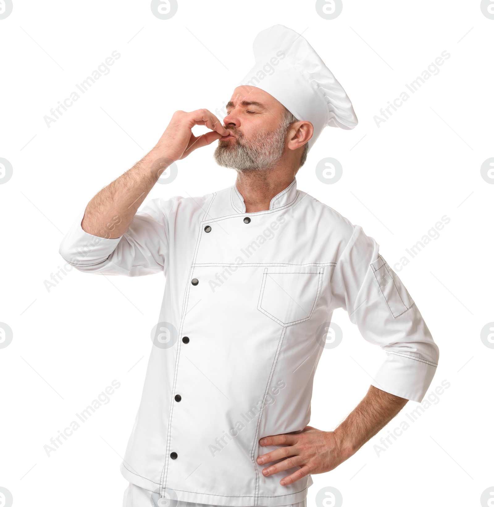 Photo of Chef in uniform showing perfect sign on white background