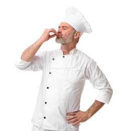 Photo of Chef in uniform showing perfect sign on white background