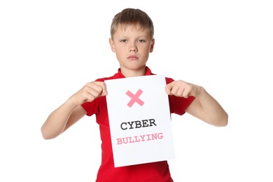 Boy holding sign with phrase Cyber Bullying on white background