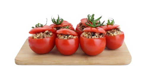 Delicious stuffed tomatoes with minced beef, bulgur and mushrooms isolated on white