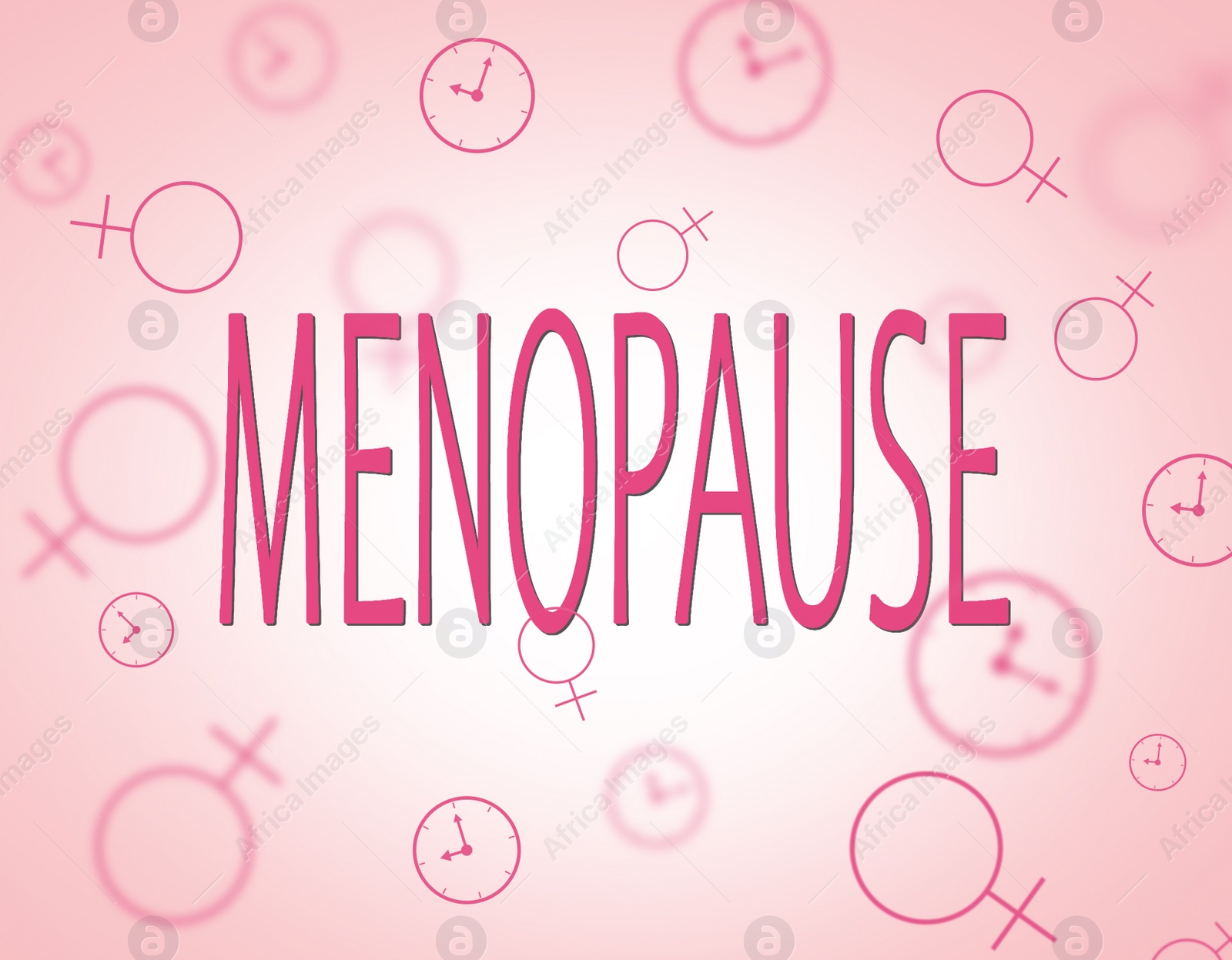 Illustration of Menstrual cycle. Word Menopause and illustrations of female gender symbol and clock on light pink background