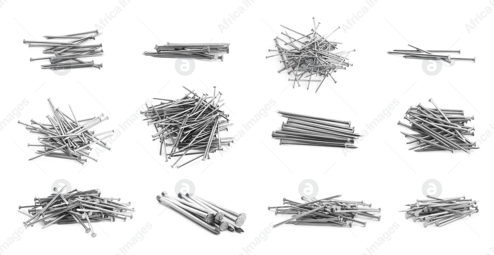 Image of Set with sharp metal nails on white background, banner design