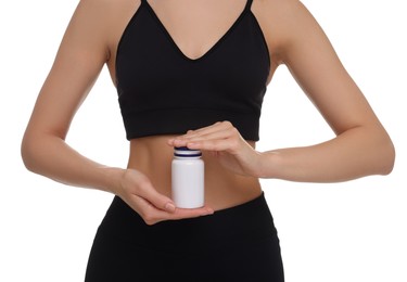 Woman with bottle of pills on white background, closeup. Weight loss