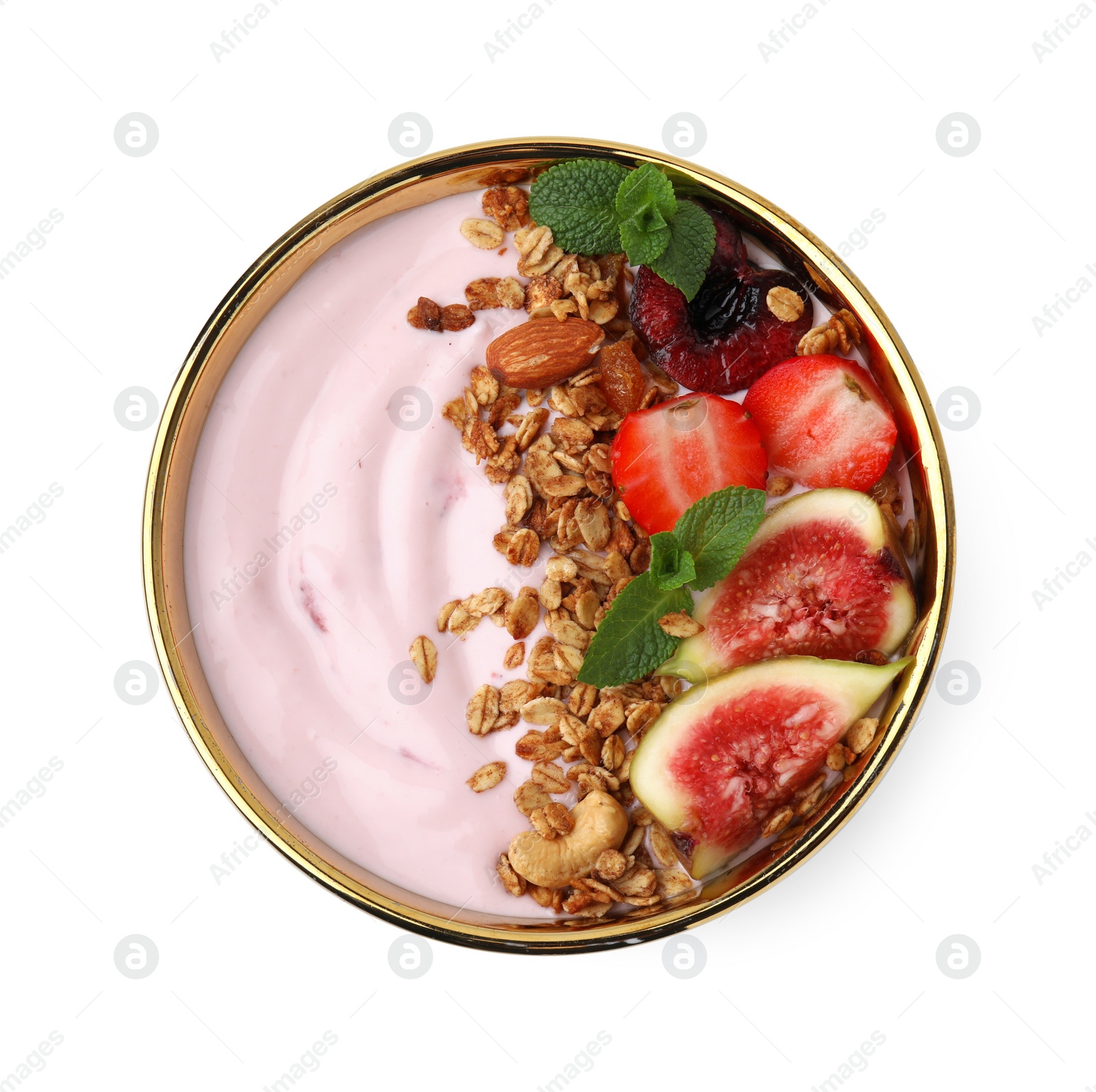 Photo of Bowl with yogurt, fruits and granola isolated on white, top view