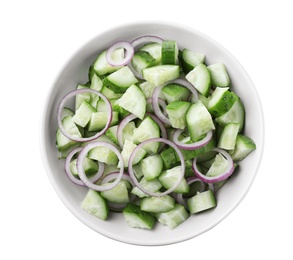Photo of Delicious fresh cucumber onion salad in bowl on white background, top view