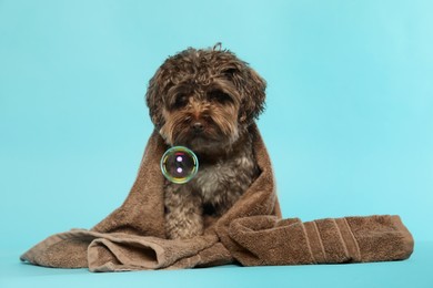 Photo of Cute dog with towel and bubbles on light blue background