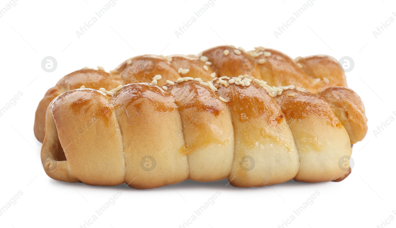 Photo of Delicious homemade sausage rolls isolated on white