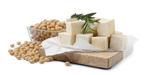 Photo of Delicious tofu cheese, rosemary and soybeans isolated on white