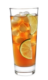 Photo of Glass of tasty iced tea with lime on white background