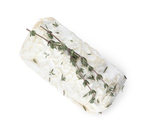 Delicious fresh goat cheese with thyme on white, top view