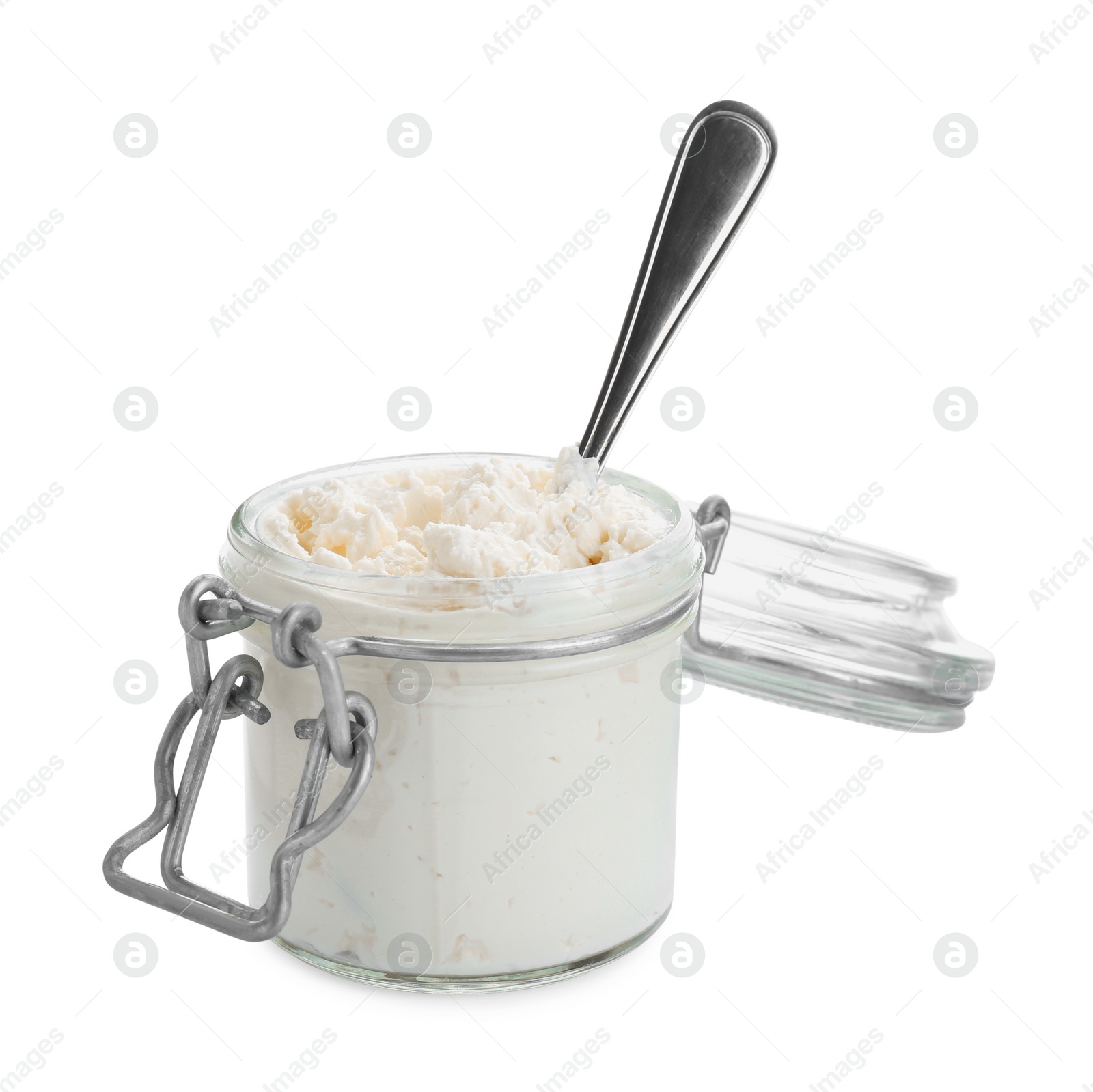 Photo of Delicious tofu cream cheese in glass jar isolated on white