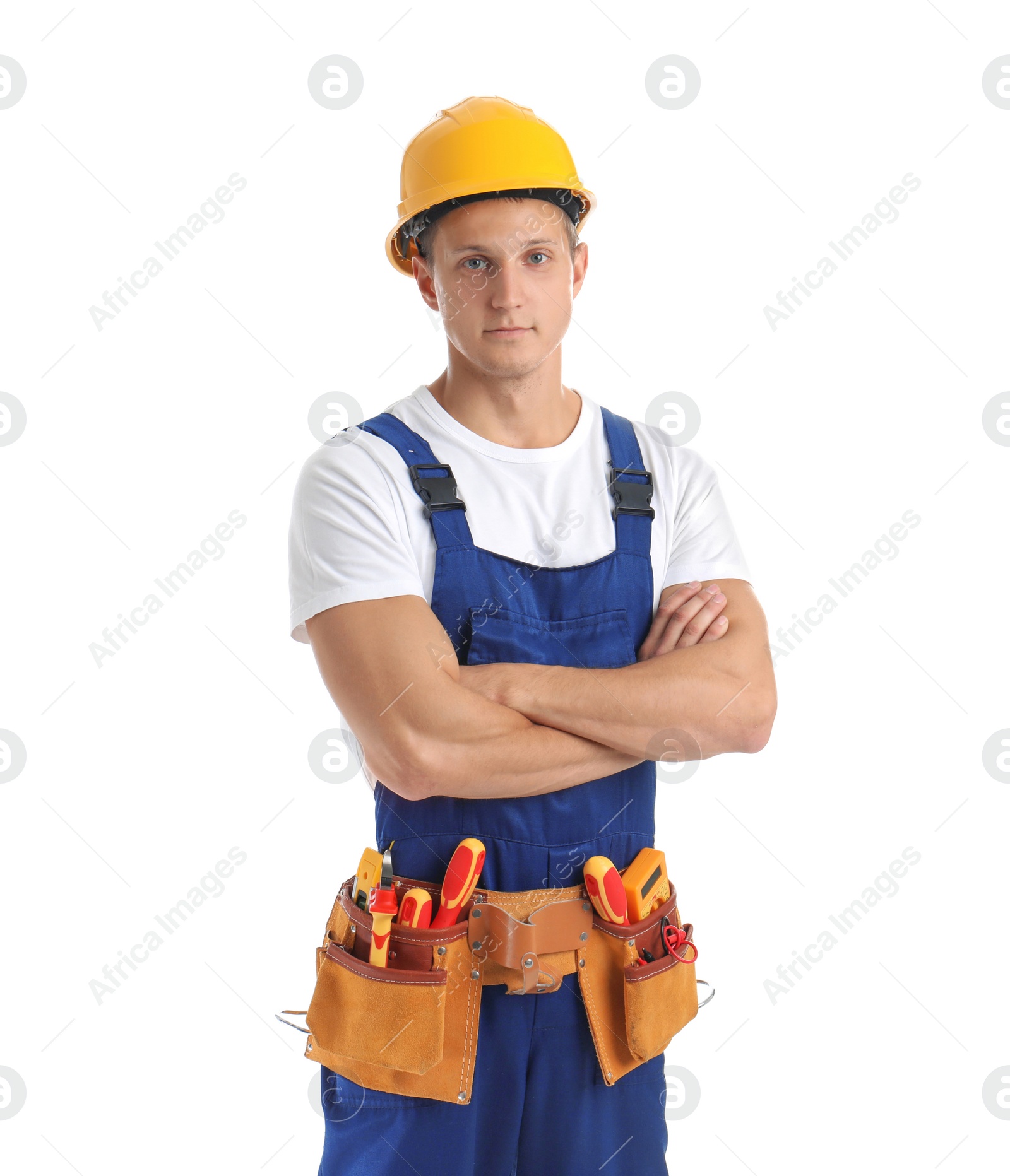 Photo of Electrician with tools wearing uniform on white background