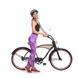 Portrait of sporty woman with bicycle on white background