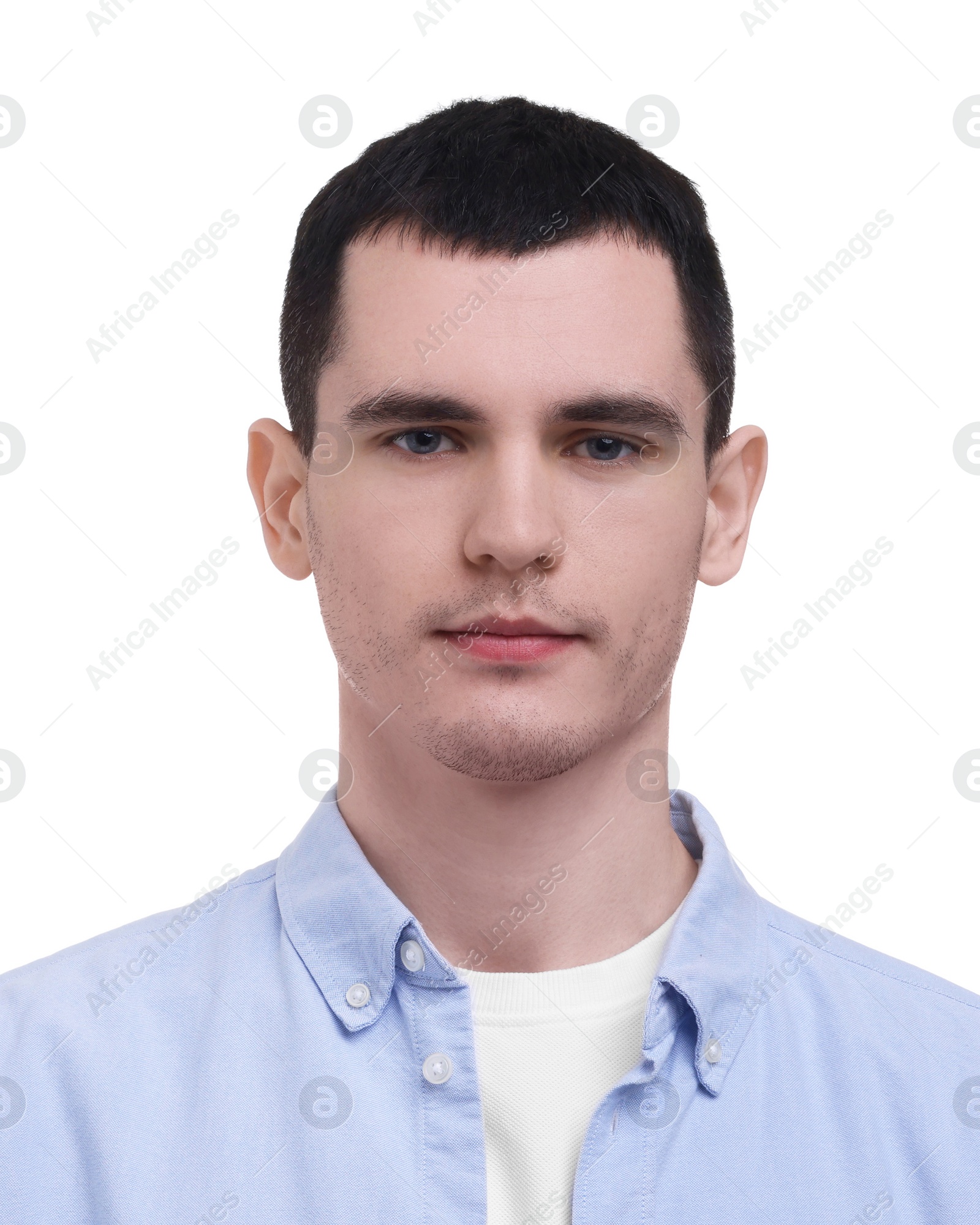 Image of Passport photo. Portrait of young man on white background