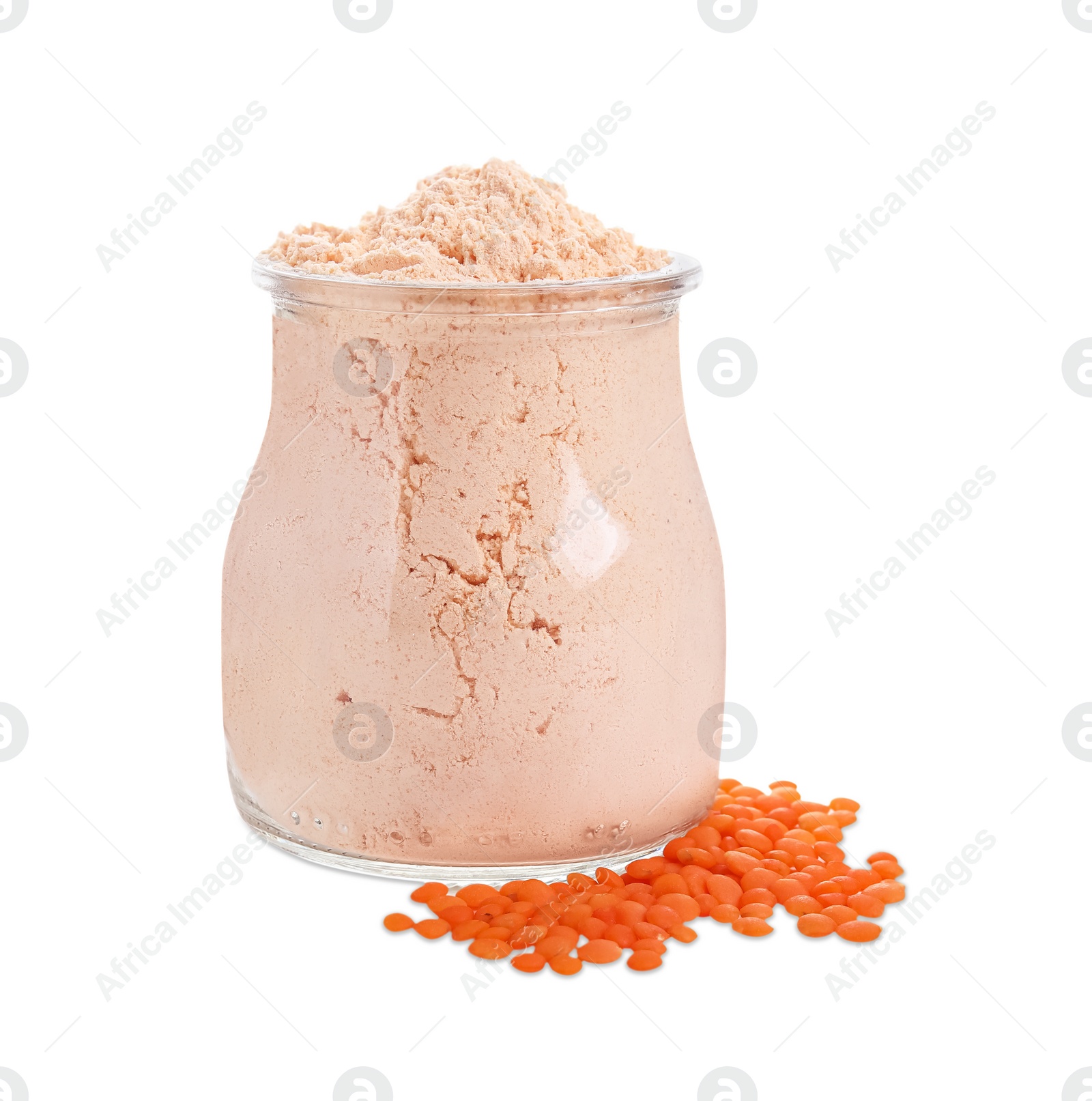 Photo of Lentil flour in glass jar and seeds isolated on white