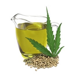 Photo of Jug with hemp oil, leaf and seeds on white background