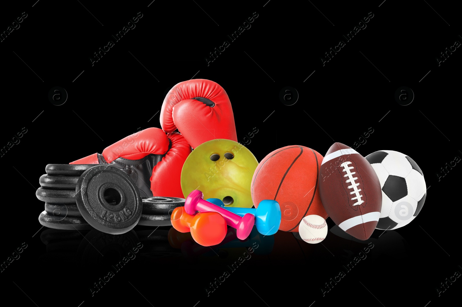 Image of Set of different sport equipment on black background