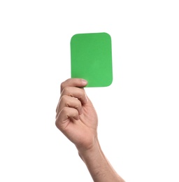 Photo of Man holding green card on white background, closeup of hand