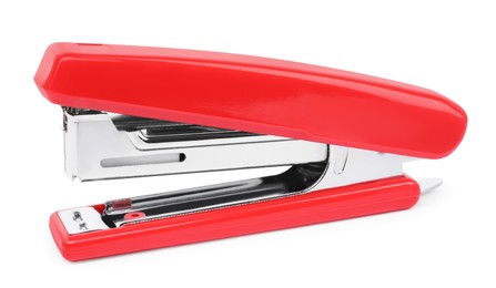 Photo of One new red stapler isolated on white