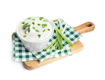 Photo of Fresh sour cream with onion on white background