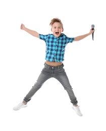 Cute boy with microphone on white background