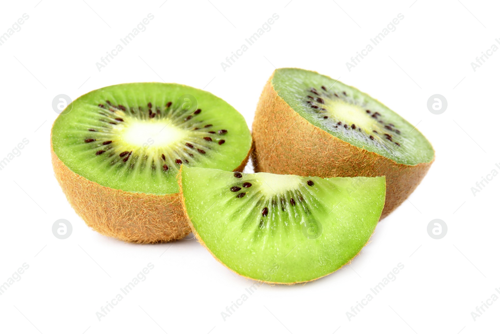 Photo of Cut fresh ripe kiwis on white background