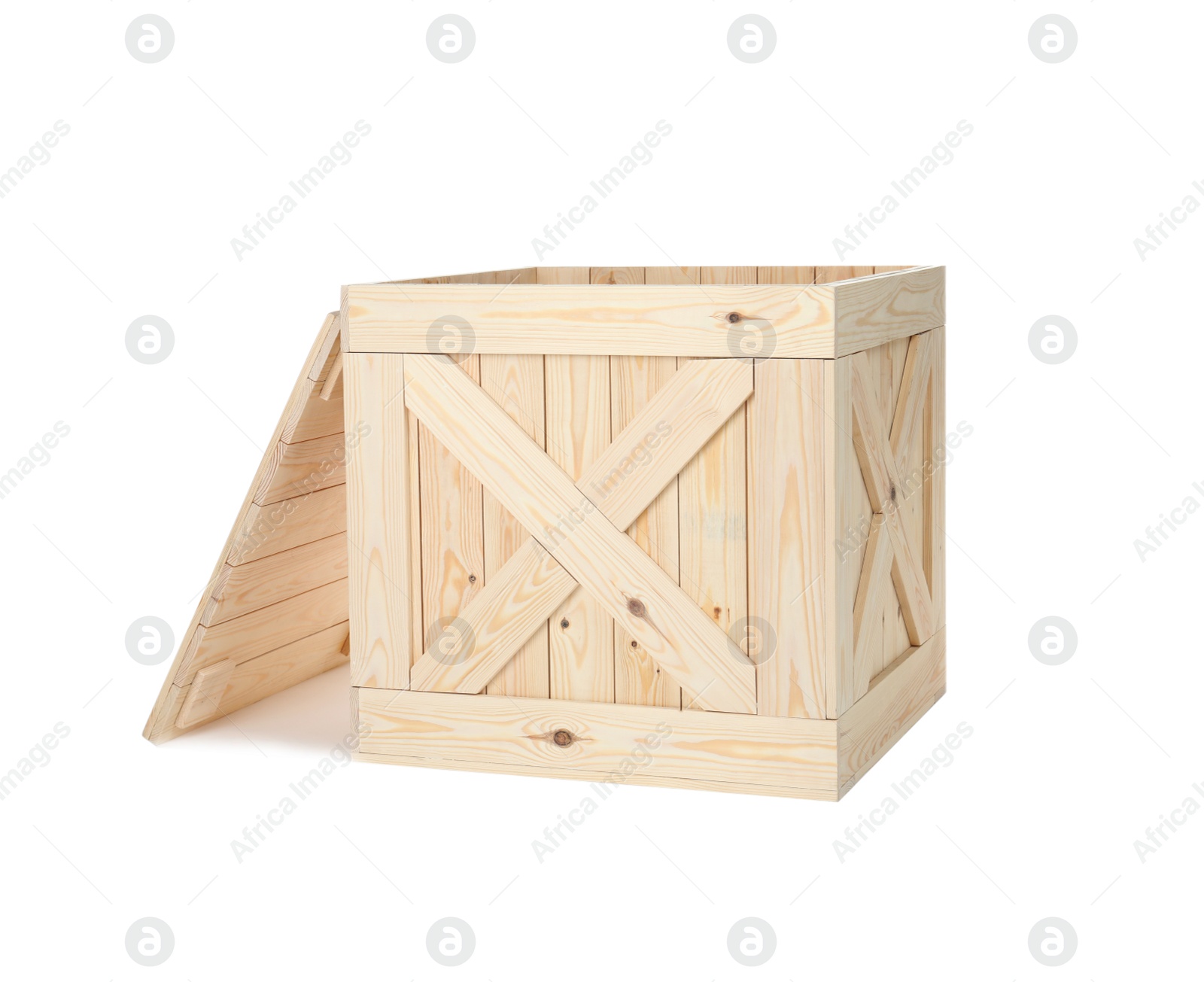 Photo of Wooden crate with lid isolated on white