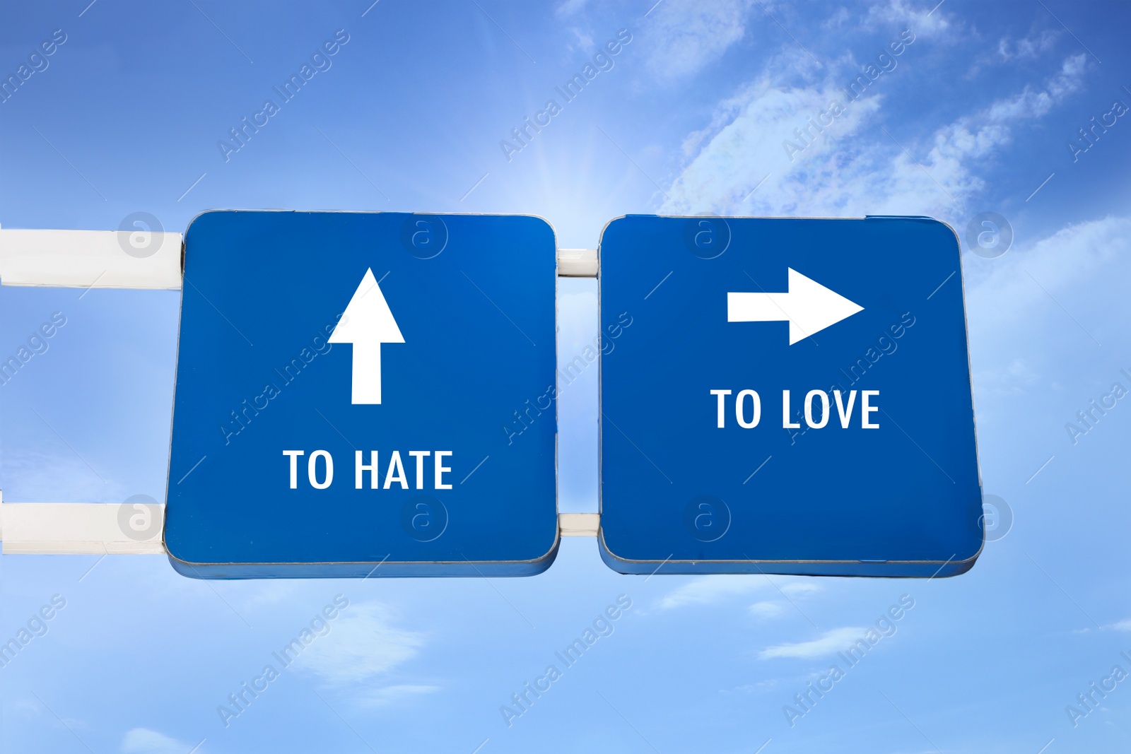 Image of Road signs with different directions - TO HATE or TO LOVE outdoors