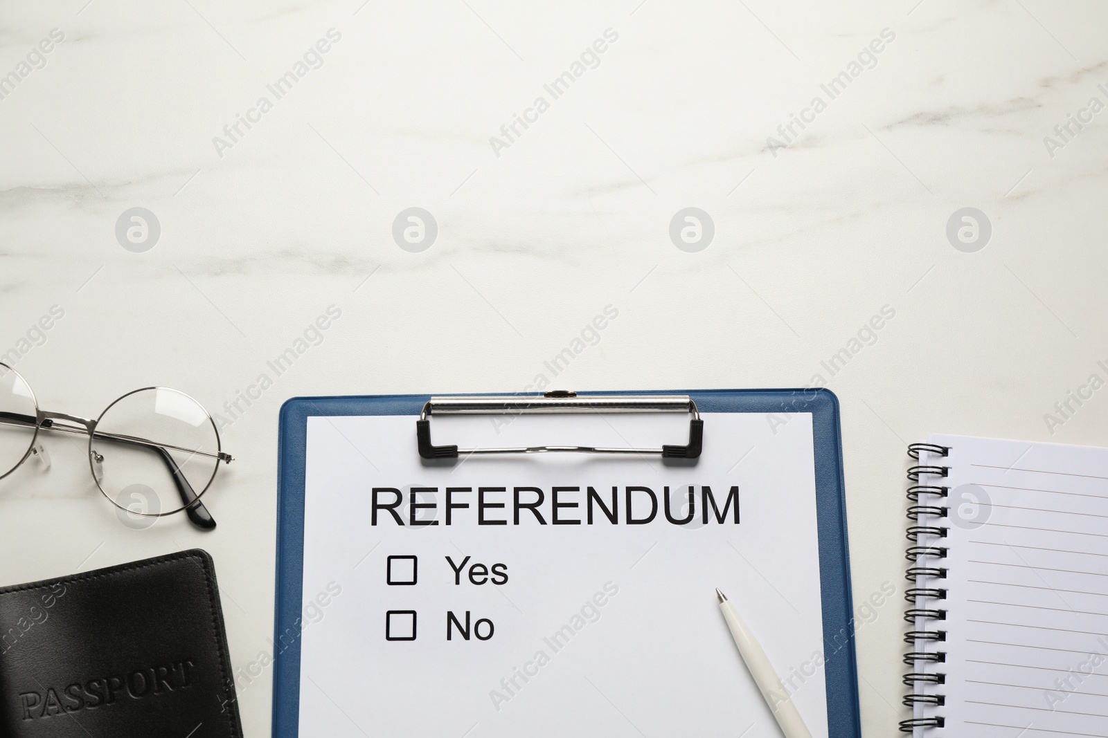 Photo of Flat lay composition with referendum ballot on white marble table. Space for text