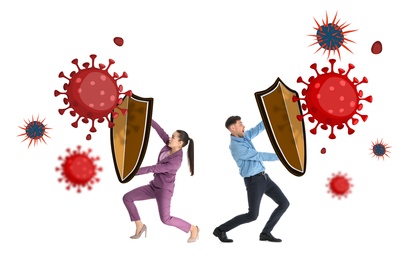 Image of Be healthy - boost your immunity. Man and woman blocking viruses with shields, illustration