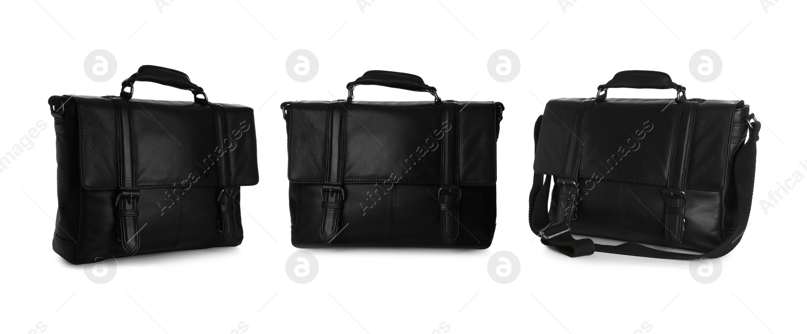 Image of Set of stylish black leather briefcases on white background. Banner design