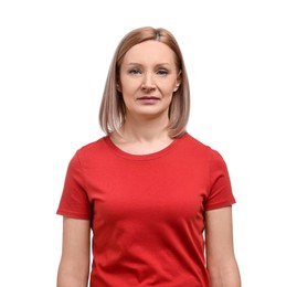 Beautiful woman in red t-shirt on white background