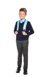 Photo of Little boy in stylish school uniform on white background