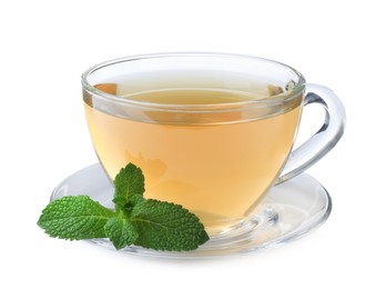 Photo of Cup of aromatic green tea with fresh mint on white background