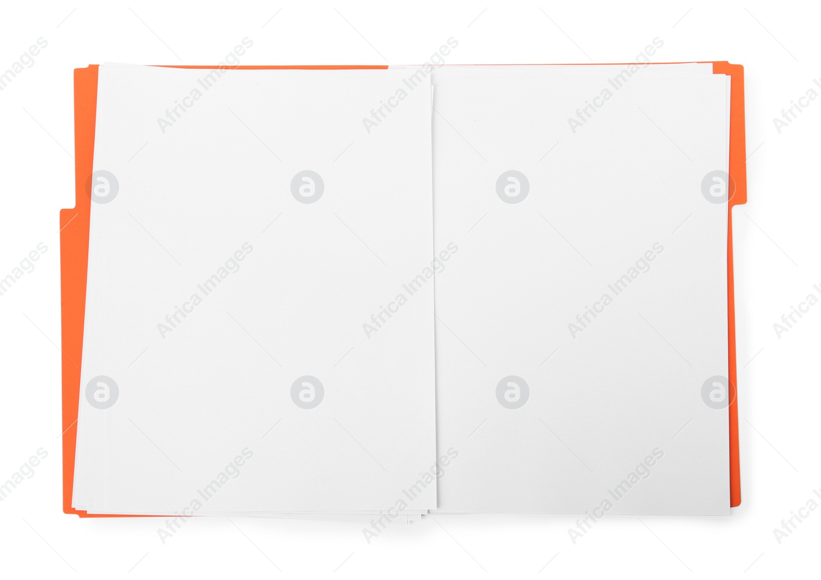 Photo of Orange file with blank sheets of paper isolated on white, top view. Space for design