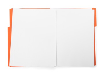 Photo of Orange file with blank sheets of paper isolated on white, top view. Space for design