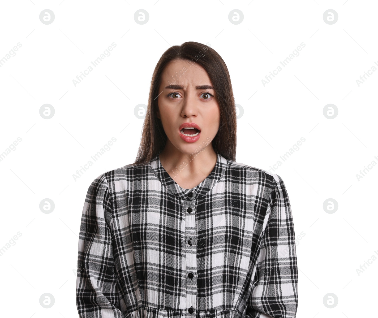 Photo of Portrait of emotional young woman on white background. Personality concept