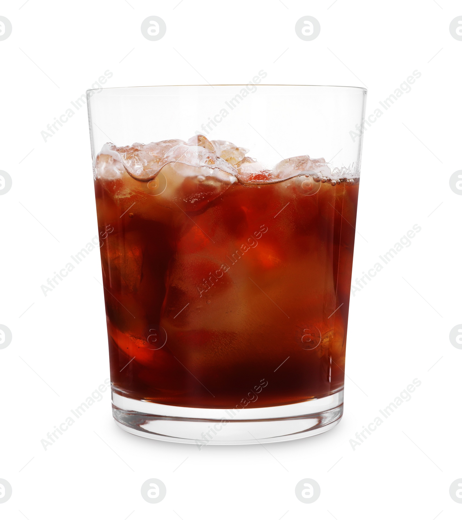 Photo of Glass of fresh iced coffee isolated on white