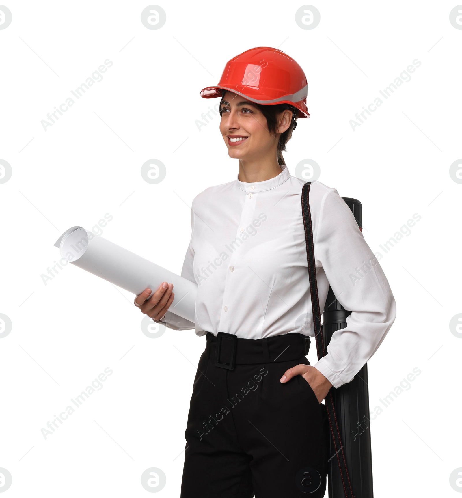 Photo of Architect with hard hat, tube and draft on white background