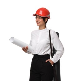 Photo of Architect with hard hat, tube and draft on white background