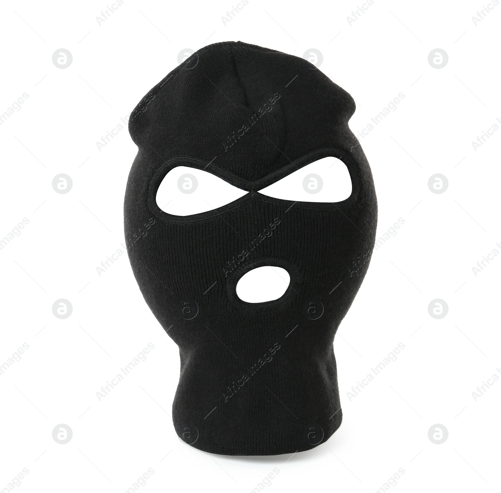 Photo of Black knitted balaclava isolated on white. Cloth headwear