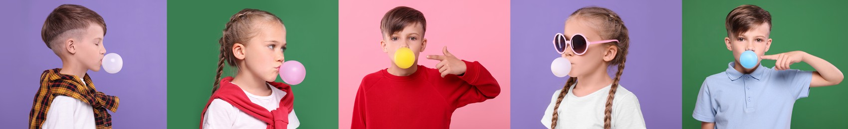 Image of Cute children blowing bubble gums on color backgrounds, set of photos