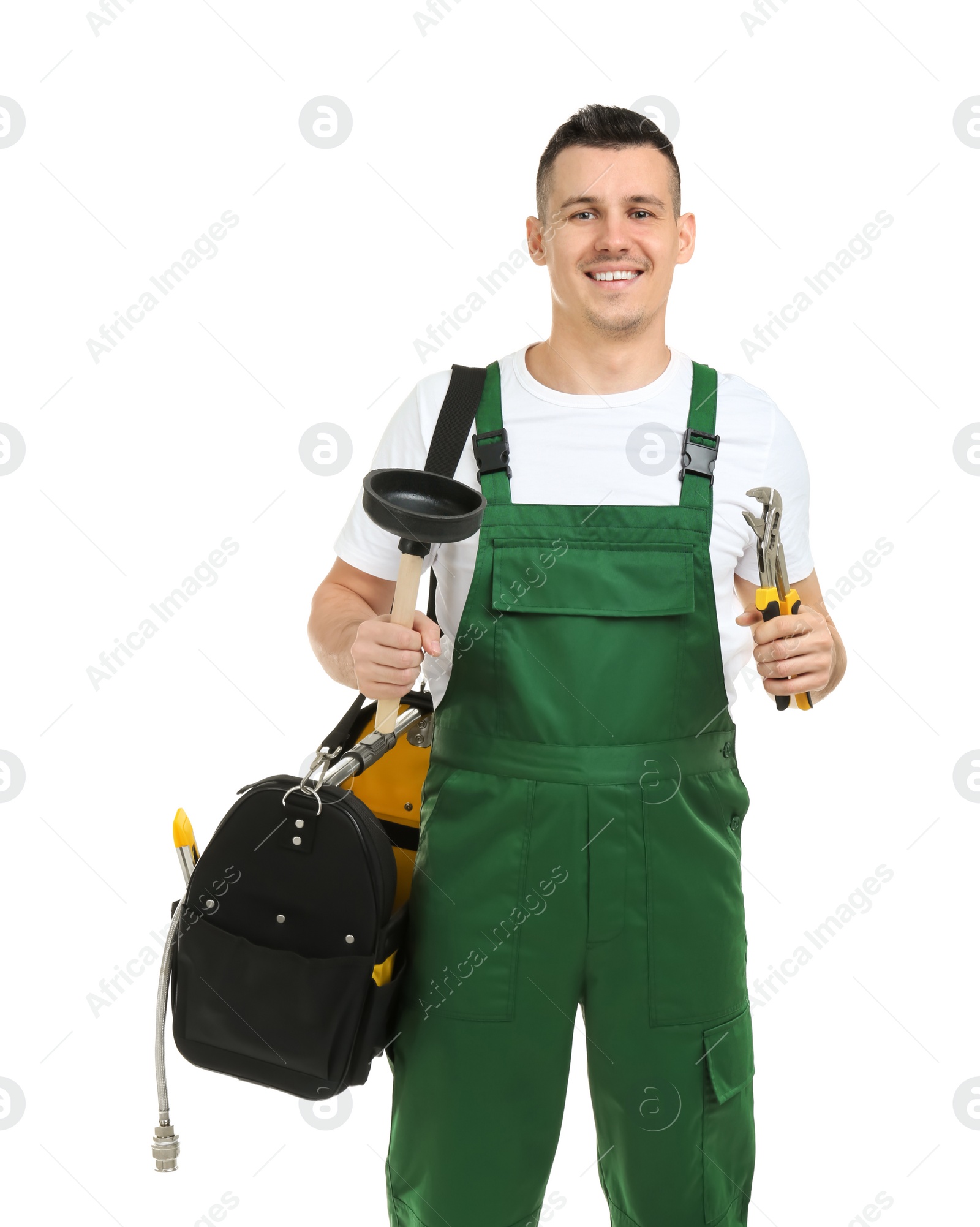 Photo of Young plumber with adjustable wrench and force cup on white background