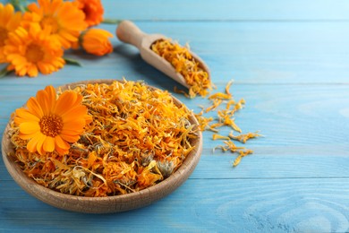 Photo of Plate of dry calendula flowers on light blue wooden table. Space for text